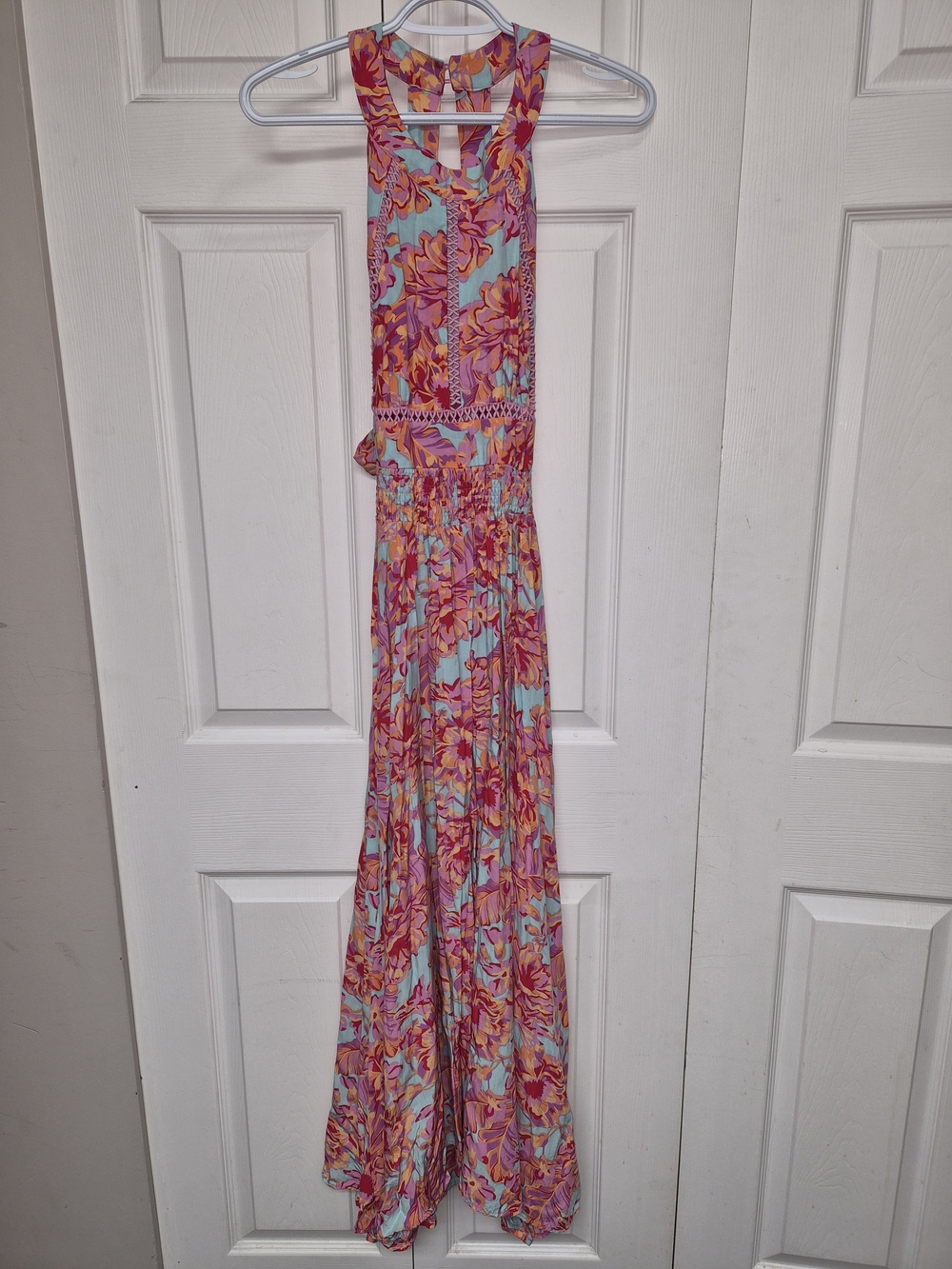 NWOT Anthro Abel The Label Tropical Floral Halter Self-tie Back Maxi Pink & Aqua - Picture 2 of 8